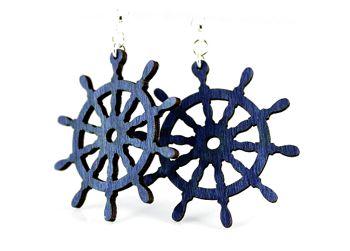 A pair of Royal Blue ship wheel earrings made from sustainably sourced wood, featuring silver-finished stainless steel ear wires.
