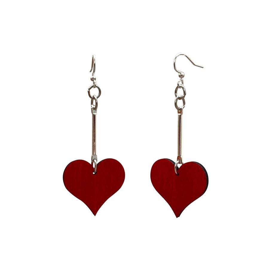 A pair of Simple Dangle Heart Earrings made from sustainably sourced wood, featuring silver-finished stainless steel ear wires.