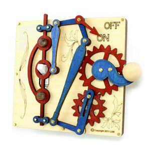 Single Lever Switch Plate 8003C in natural wood, royal blue, and cherry red, designed for standard light switches with a functional gear handle.