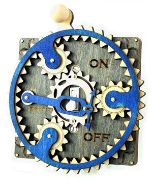 Gray and blue Single Planetary Switch Plate 8002C with gear handle, designed for standard single toggle light switches.