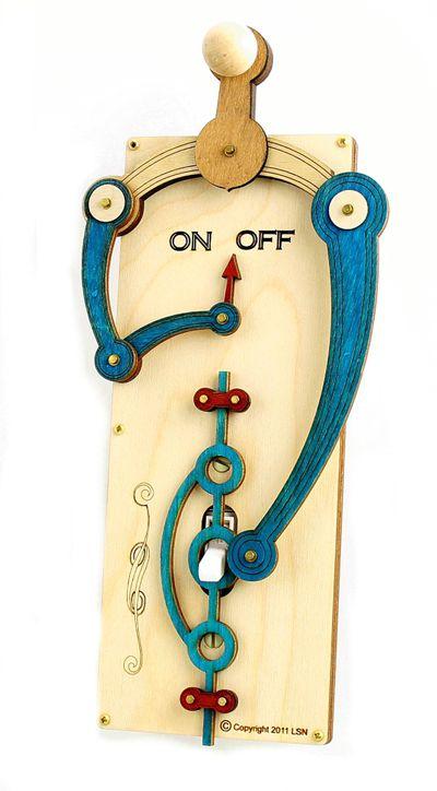 Blue and natural wood single toggle switch plate 8001E, featuring a functional gear handle and stylish design.