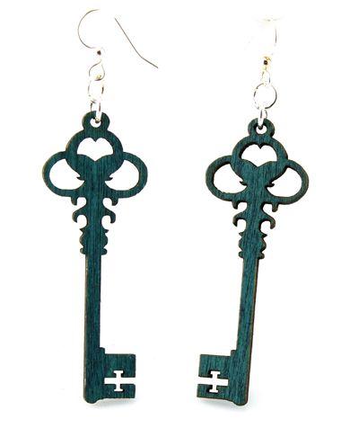 A pair of teal Skeleton Key Earrings made from sustainably sourced wood, featuring intricate laser-cut designs and hypoallergenic stainless steel ear wires.