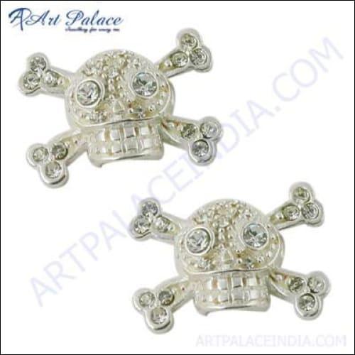A pair of stylish Skull Style Cubic Zirconia Gemstone Silver Earrings featuring intricate skull designs and sparkling cubic zirconia stones.