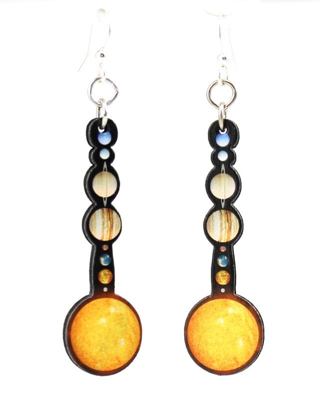 A pair of Solar System Earrings #1559 made from sustainably sourced wood, featuring intricate planet designs and silver-finished stainless steel ear wires.