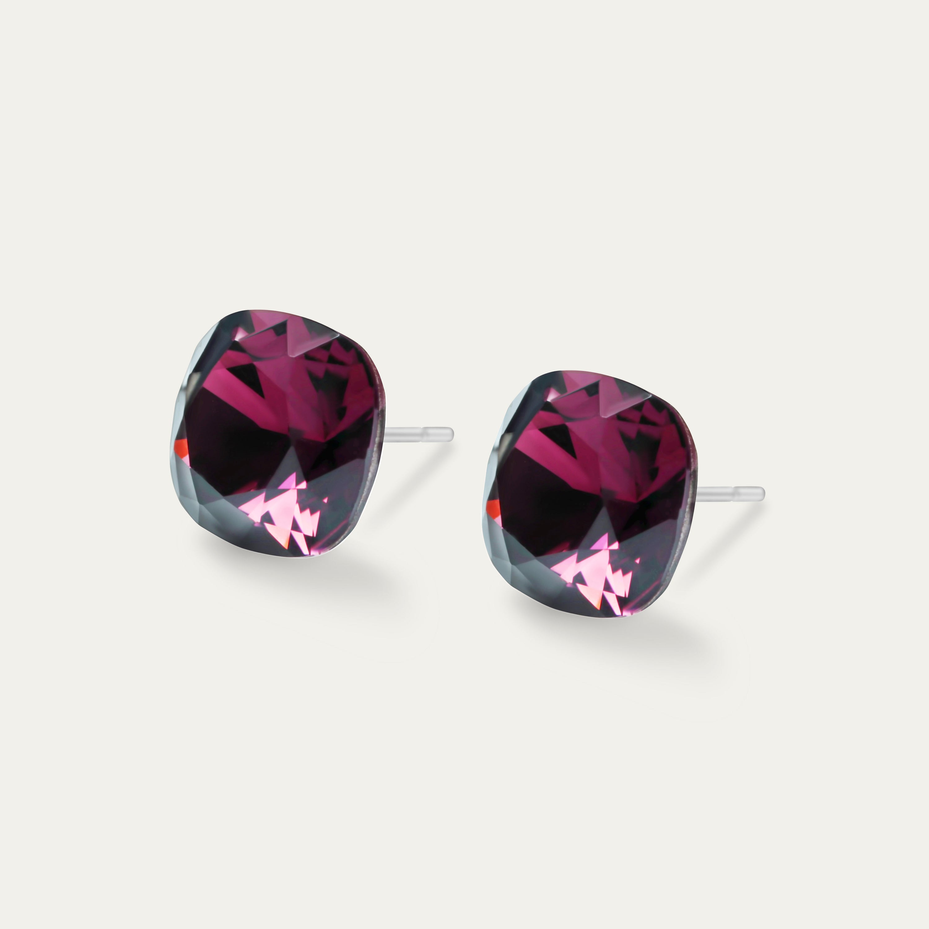 Sophia Burgundy 10mm Crystal Cushion Earrings featuring brown and red crystals set in hypoallergenic stainless steel.