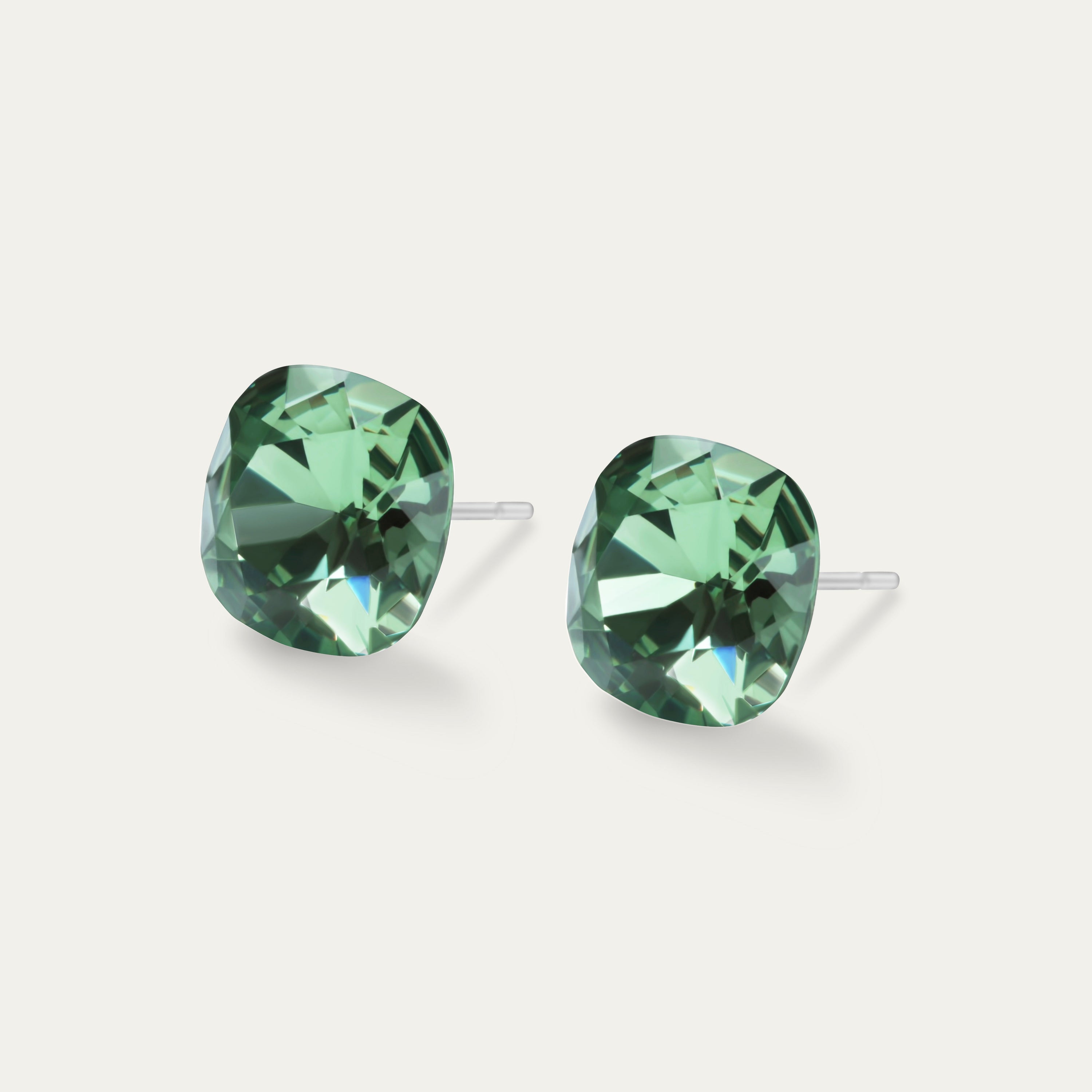Sophia Erinite 10mm Green Crystal Cushion Earrings, showcasing their elegant design and sparkling allure.