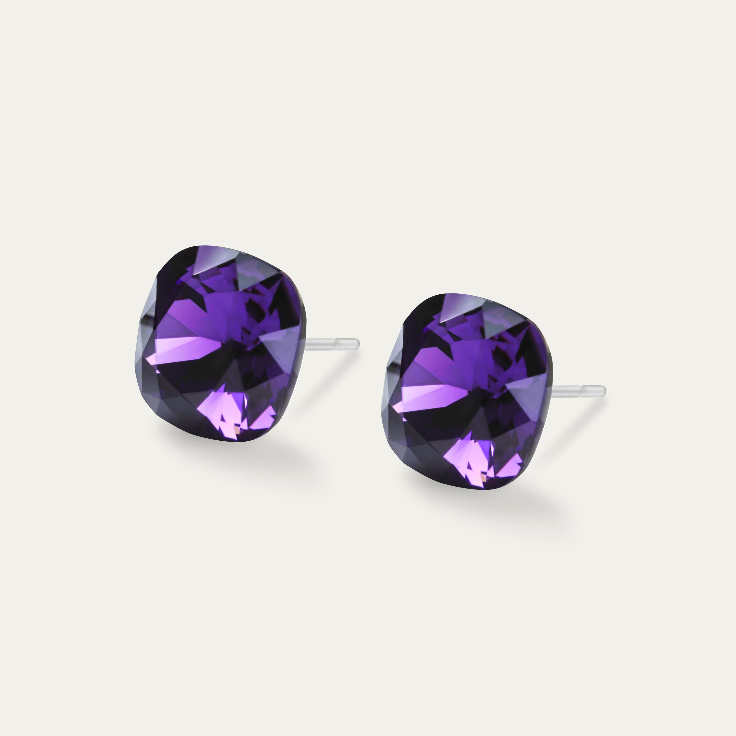 Sophia Purple Velvet earrings featuring 10mm purple crystal cushions set in hypoallergenic stainless steel, perfect for elegant occasions.