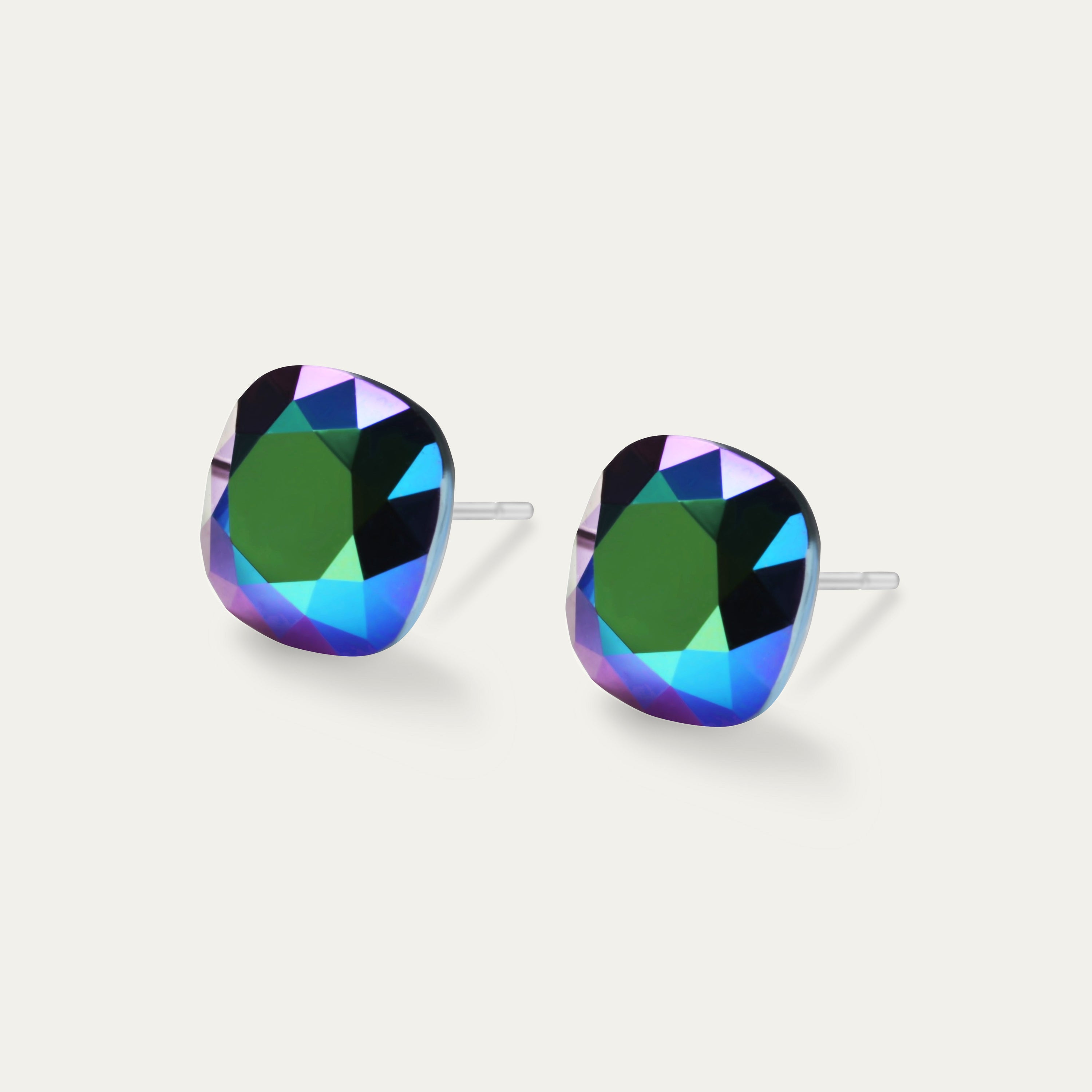 Sophia Scarabeus Green 10mm iridescent crystal cushion earrings on a soft background, showcasing their elegant design and sparkle.