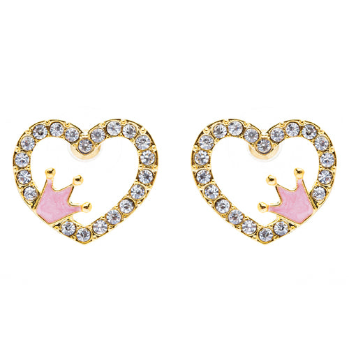 Sparkle Heart Shape with Crown Fashion Medium Stud Earrings in gold and clear rhinestones, featuring a pink enamel coating.