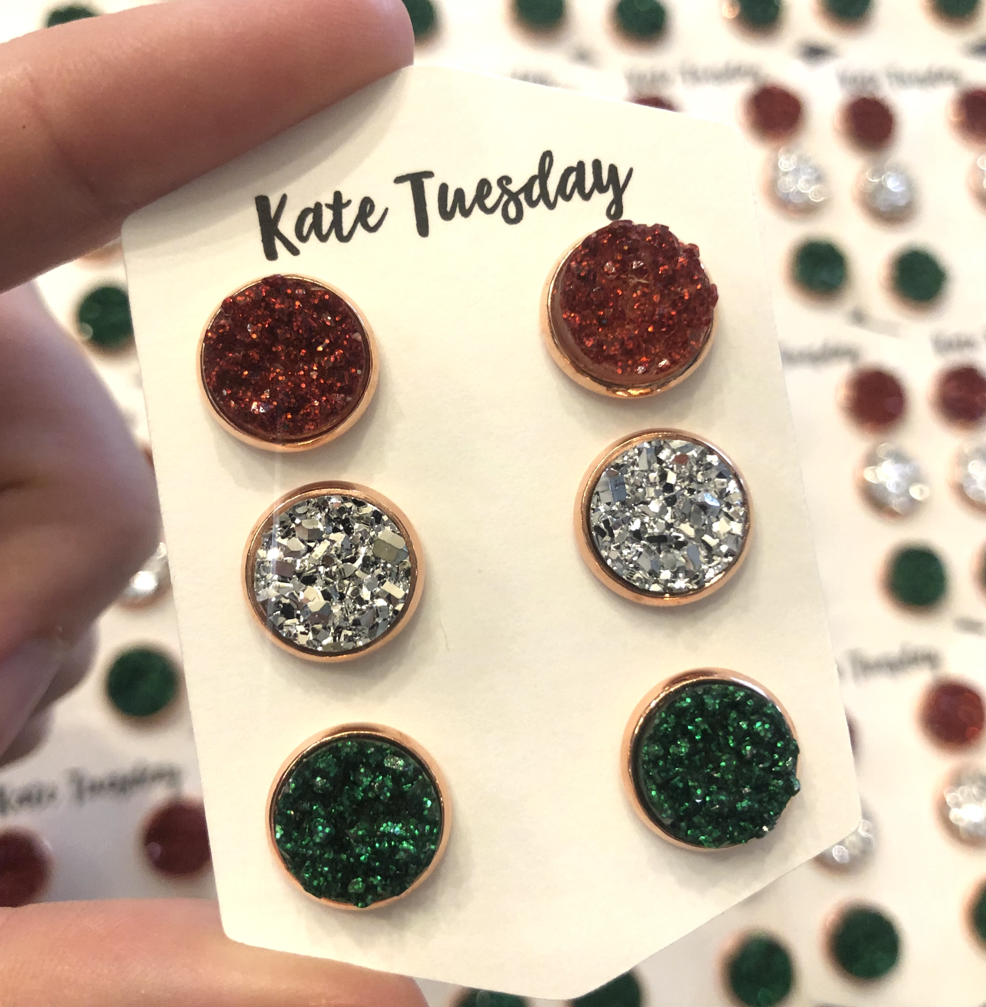 Sparkle Holiday Druzy Triple Set featuring red, green, and silver 10mm earrings in rose gold setting.