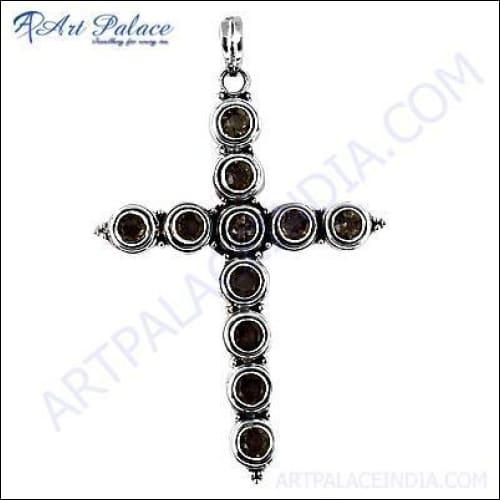 Sparkling Smokey Quartz Gemstone Cross Silver Pendant showcasing intricate design and shimmering gemstone.