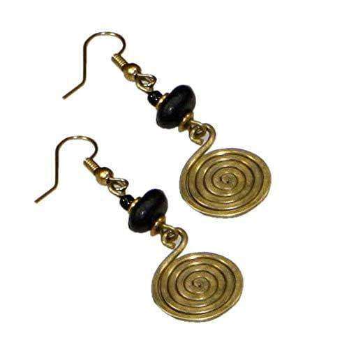 Handmade spiral and coil brass drop earrings featuring a hoop and a black bead, showcasing intricate craftsmanship and sustainable materials.