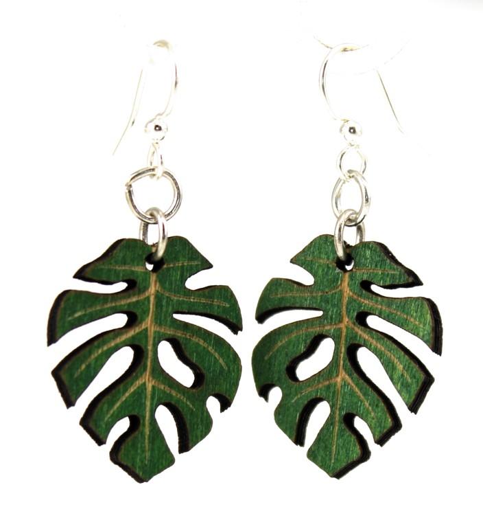 Split Leaf Philodendron Leaf Blossoms earrings in Kelly Green, made from sustainably sourced wood with hypoallergenic stainless steel ear wires.