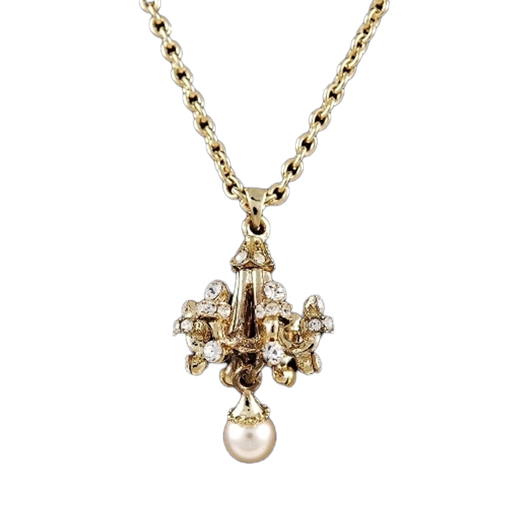 A stunning studded chandelier pendant necklace with a double-plated finish and a 21-inch chain, elegantly displayed against a soft background.