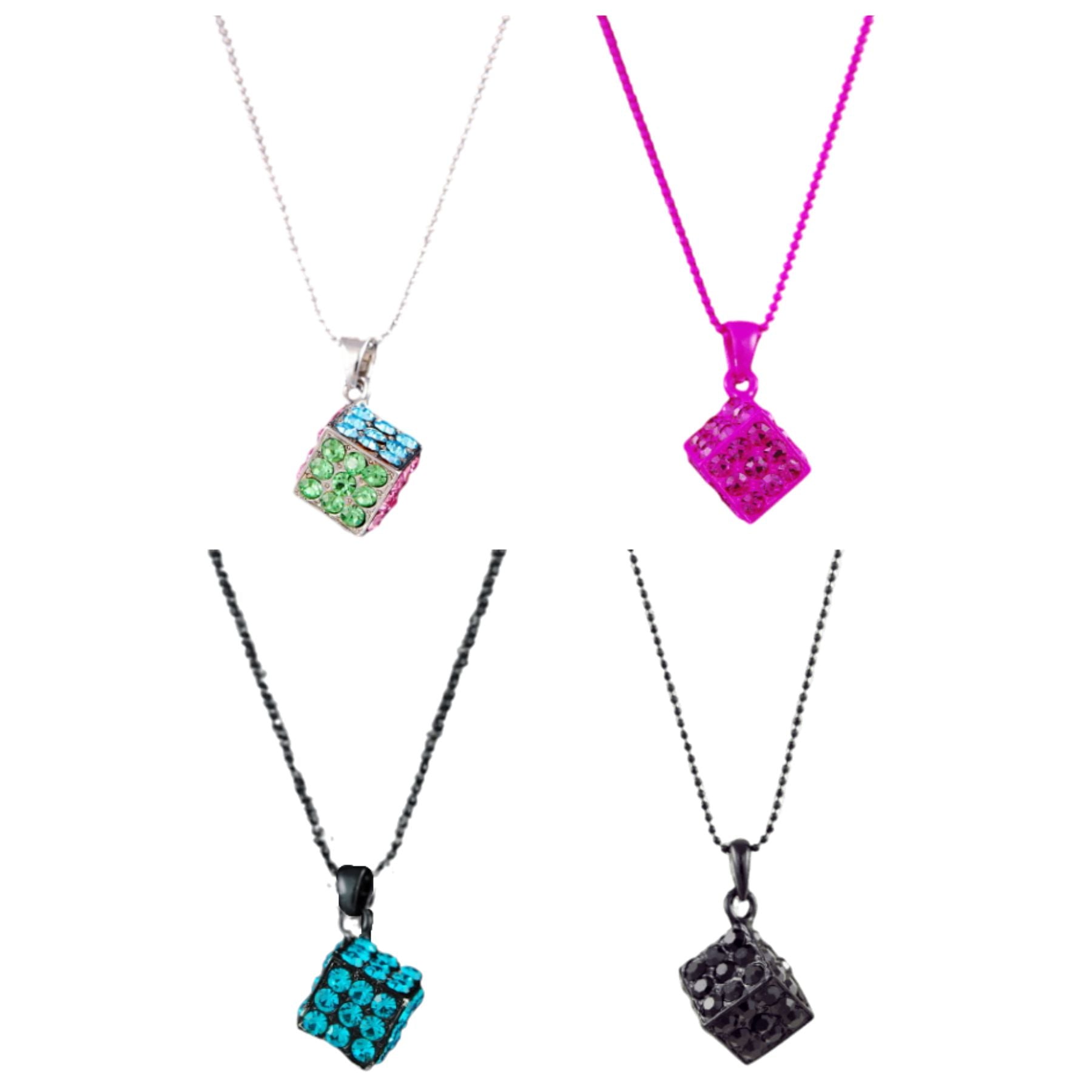 A stylish studded dice pendant necklace with a 19-inch chain and lobster claw clasp, showcasing a unique design.