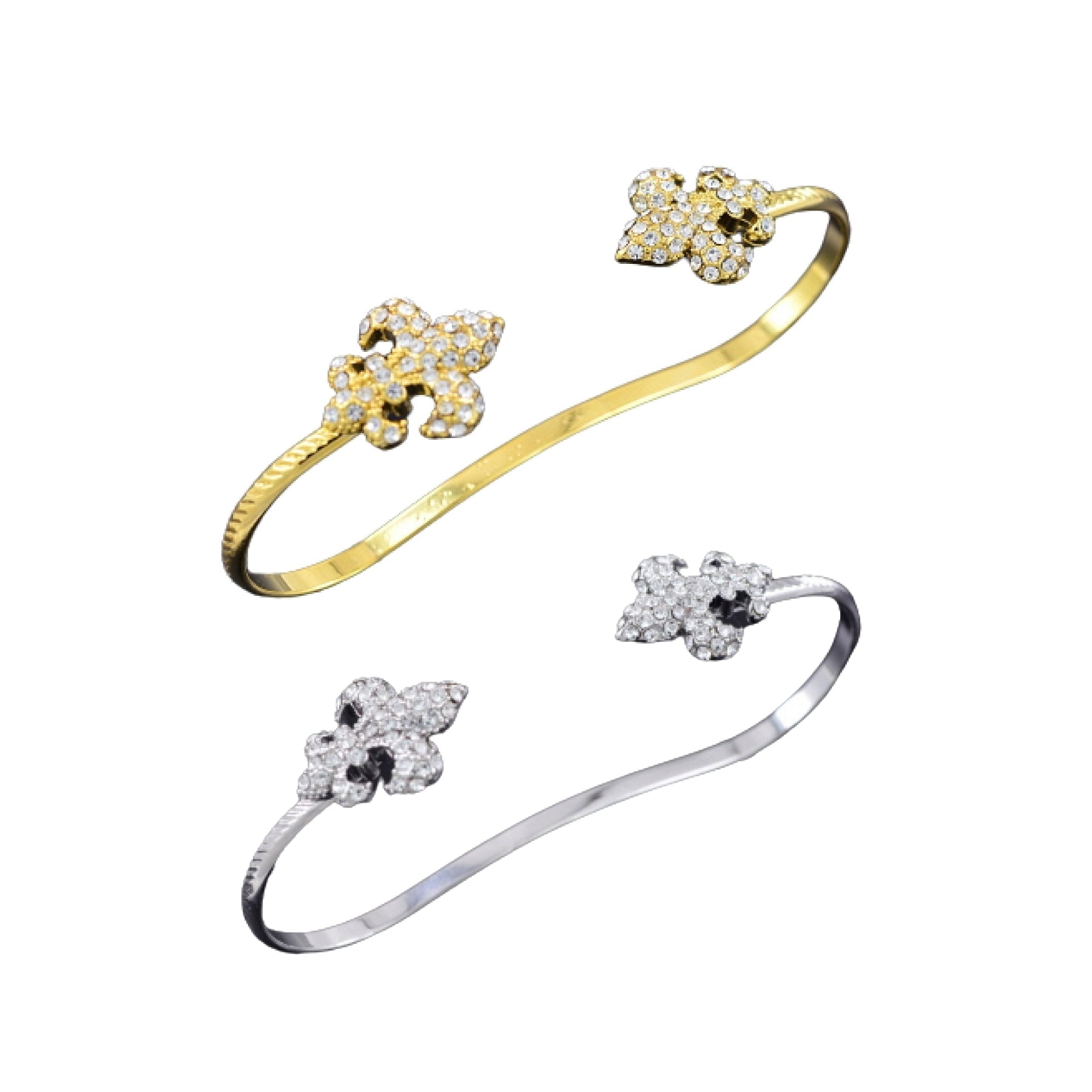 A stylish studded fleur de lis hand bracelet with intricate design and double plating, showcasing elegance and craftsmanship.