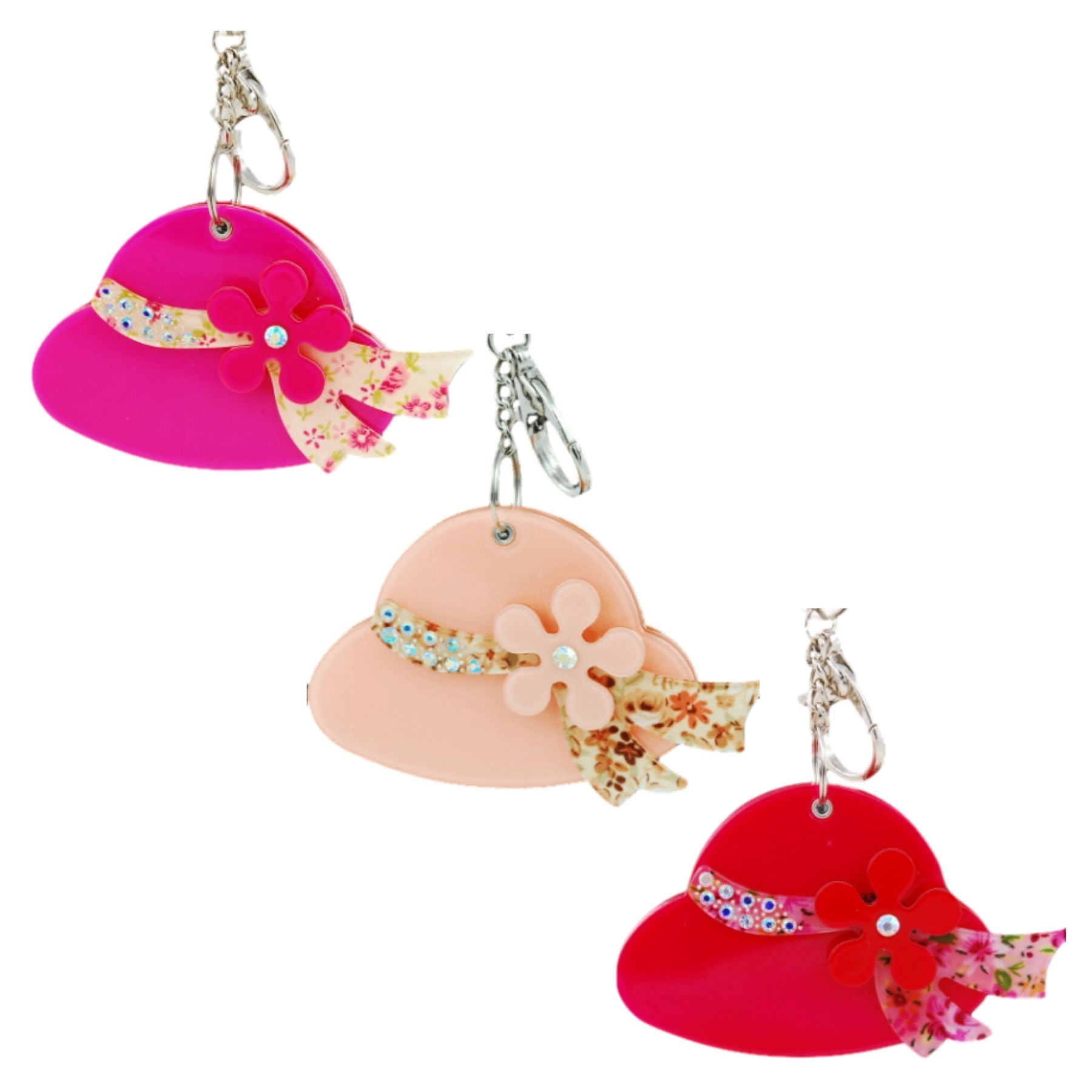 Stylish studded hat key chain with pocket mirror, featuring a lobster claw clasp and compact design.