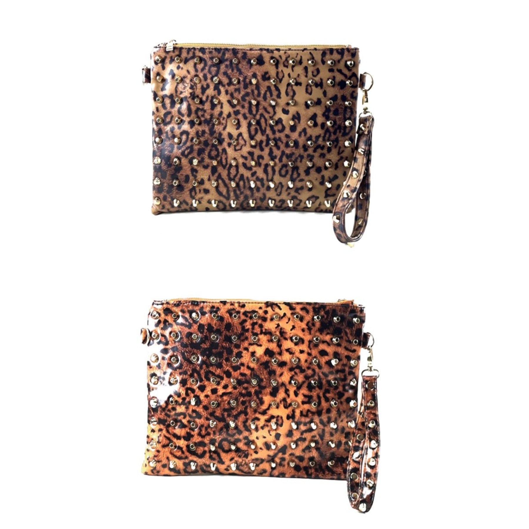 Stylish studded leopard skin clutch with gold hardware and detachable straps.