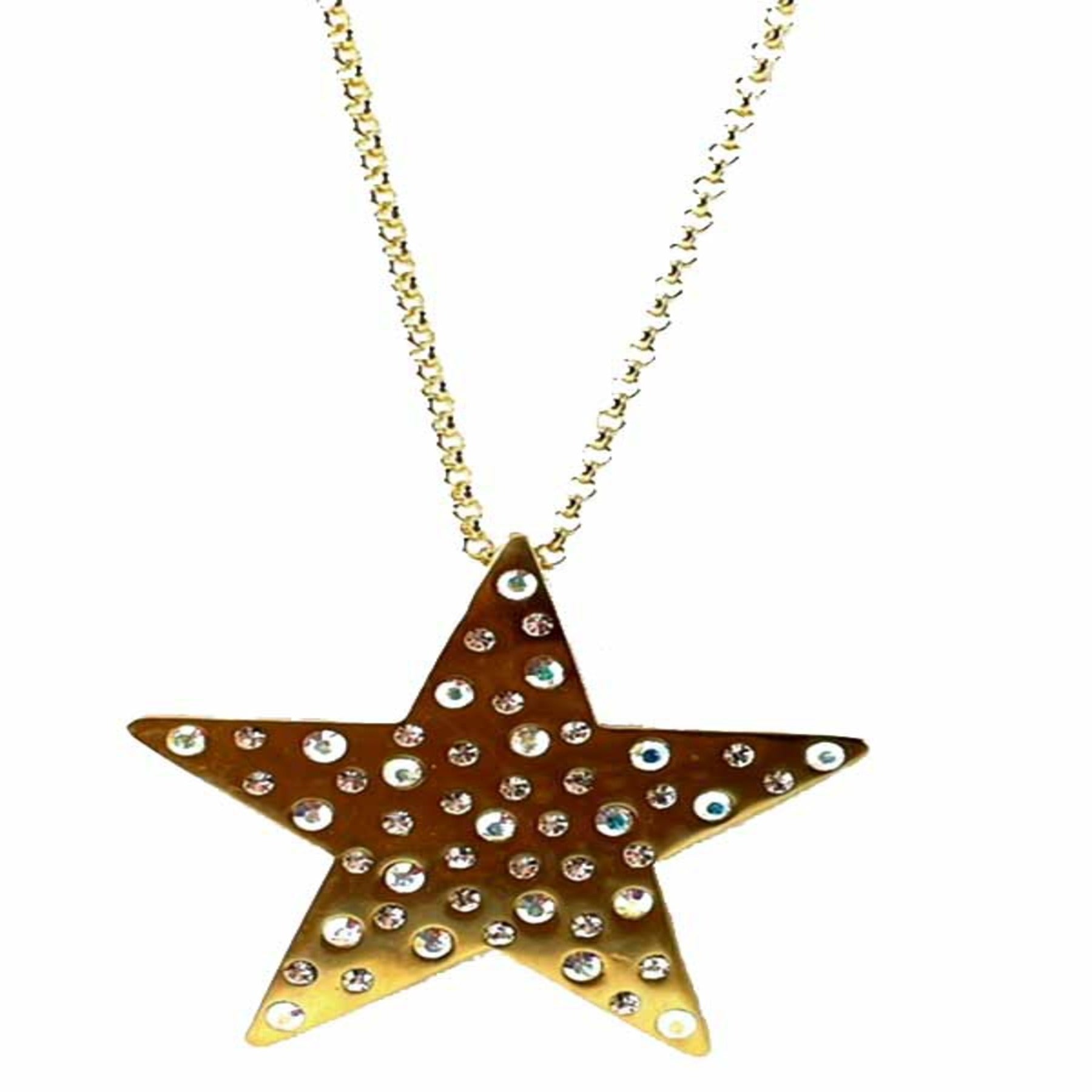 A stylish studded metal star necklace featuring a double-plated finish, 25-inch chain, and a star pendant measuring 2 1/4 inches.