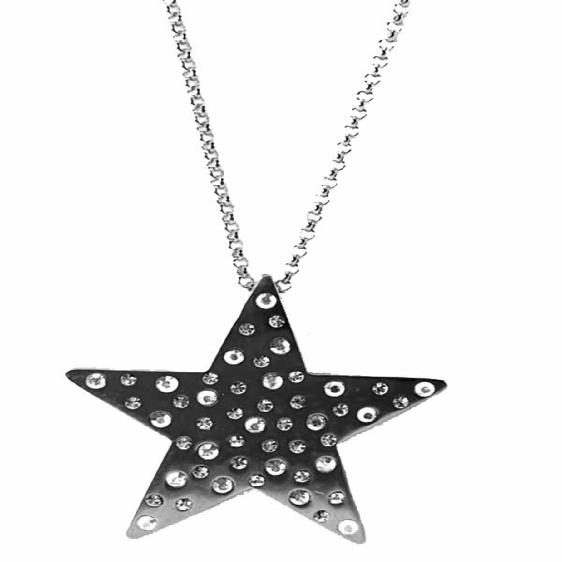 A stylish studded metal star necklace featuring a double-plated finish, 25-inch chain, and a star pendant measuring 2 1/4 inches.