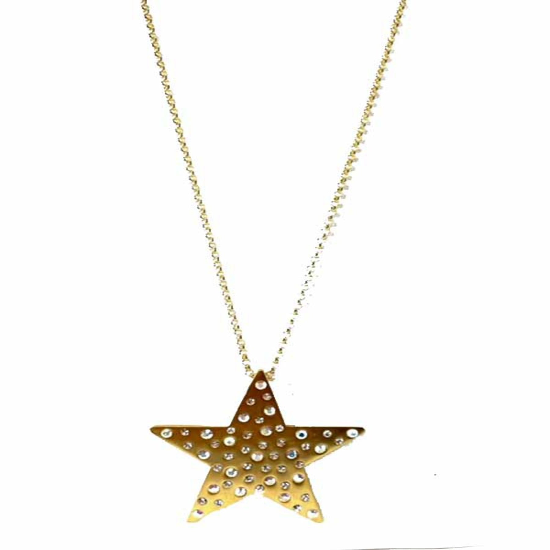 A stylish studded metal star necklace featuring a double-plated finish, 25-inch chain, and a star pendant measuring 2 1/4 inches.