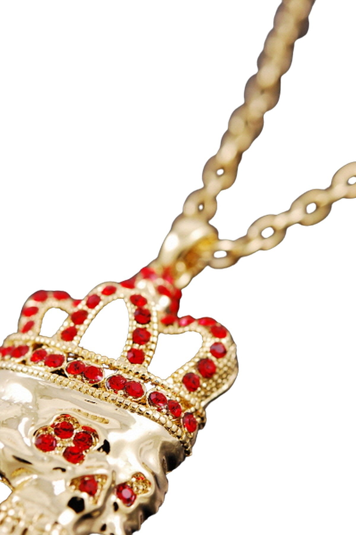 A stylish studded skull necklace featuring a double plated design, 17-inch chain, and a 2-inch drop pendant.