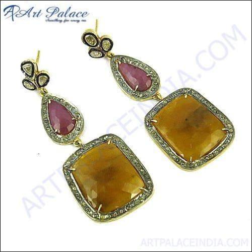 A pair of stunning 925 gold plated diamond Victorian earrings, showcasing intricate design and sparkling diamonds, perfect for weddings.