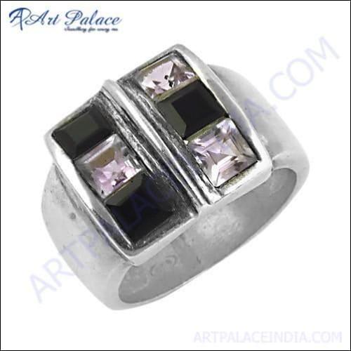 Stunning Amethyst and Black Onyx Gemstone Silver Ring crafted from 925 sterling silver, showcasing a vibrant purple amethyst surrounded by black onyx stones.