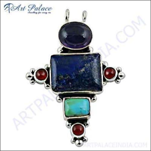A stunning silver pendant featuring amethyst, lapis lazuli, red onyx, and turquoise gemstones, showcasing intricate craftsmanship.