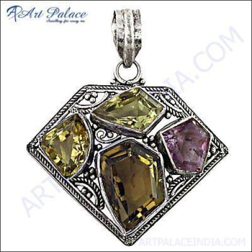 Stunning Amethyst and Lemon Quartz Gemstone Silver Pendant showcasing vibrant gemstones set in elegant silver design.