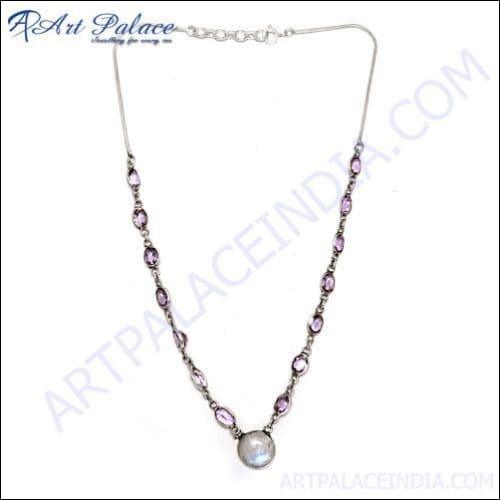 A stunning amethyst rainbow silver necklace featuring a vibrant amethyst stone and unique rainbow silver design, handcrafted by artisans.