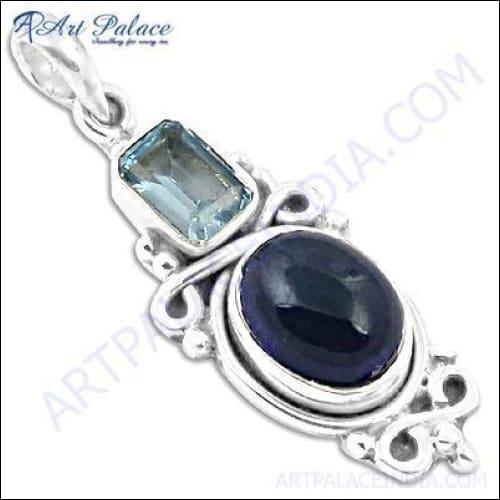 Stunning Antique Blue Topaz and Amethyst Silver Pendant showcasing intricate design and vibrant gemstones.