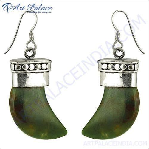 A pair of Stunning Arrival Moss Agate Silver Earrings showcasing unique green patterns in the moss agate stone set in elegant silver.