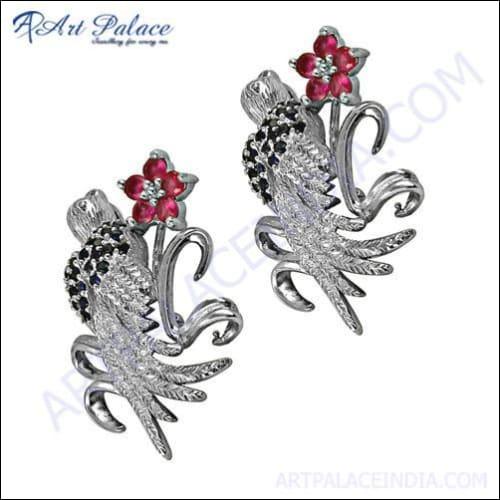 Stunning Bird Style Pink CZ Silver Earrings featuring intricate design and sparkling pink cubic zirconia stones.