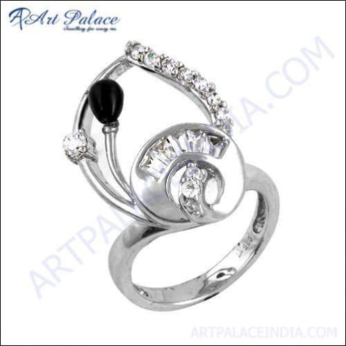 Stunning Black Onyx and Cubic Zirconia Silver Ring showcasing a sleek silver band with a unique gemstone design.