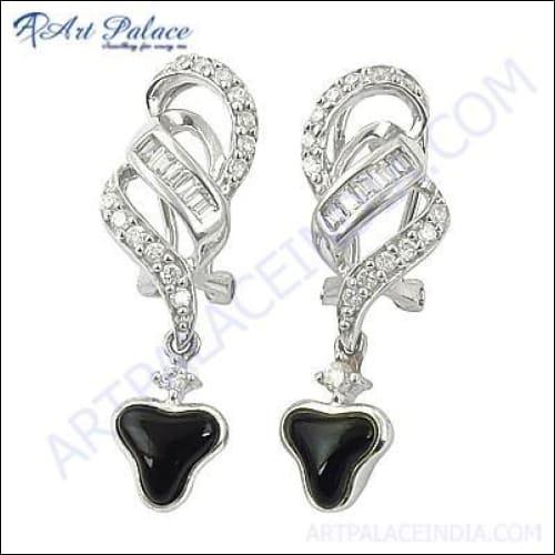 Stunning black onyx CZ gemstone silver earrings showcasing elegant design and sparkling details.