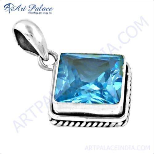 Stunning blue cubic zirconia gemstone silver pendant showcasing intricate design and sparkling details.