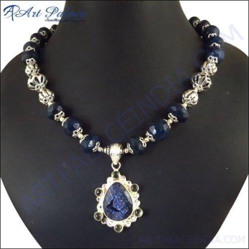 A stunning blue gemstone beads necklace featuring meticulously arranged high-quality blue gemstones, showcasing elegance and charm.