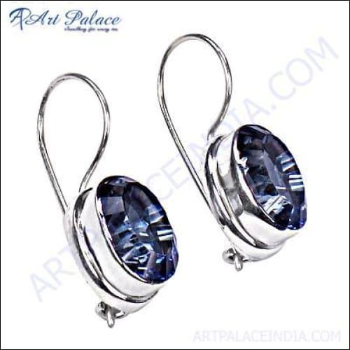 Stunning blue mystic quartz gemstone silver earrings, beautifully faceted and designed for elegance.