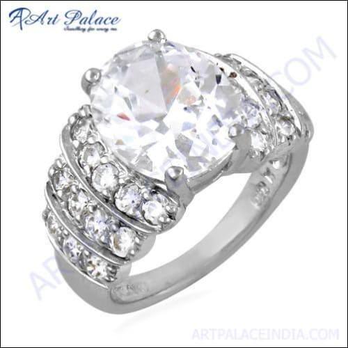 A stunning silver ring featuring a clear cubic zirconia gemstone, showcasing intricate craftsmanship and elegant design.