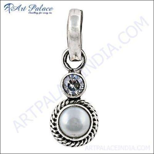 Stunning Cubic Zirconia Pearl Silver Pendant featuring sparkling CZ stones and lustrous pearls set in 925 sterling silver.