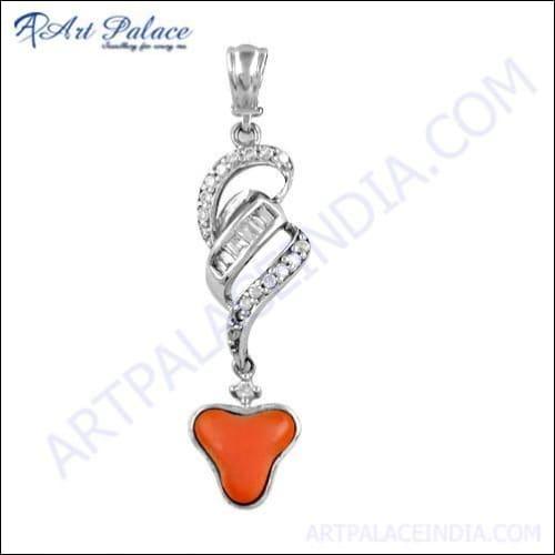 Stunning CZ Coral Gemstone Silver Pendant featuring intricate design with sparkling CZ stones and vibrant coral gemstone.