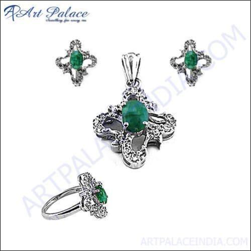 Stunning CZ Dyed Emerald Silver Jewelry Set featuring sparkling stones and elegant design, perfect for any occasion.