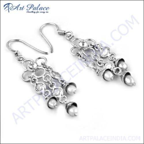 A pair of stunning CZ pearl and silver party earrings, showcasing elegant design and high-quality craftsmanship.