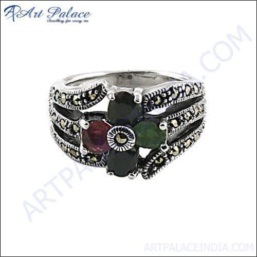 Stunning Emerald & Sapphire Silver Ring featuring natural gemstones set in high-quality silver, showcasing intricate craftsmanship.