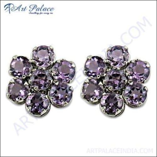 Stunning flower shape amethyst silver earrings showcasing intricate design and vibrant color, perfect for gifting.