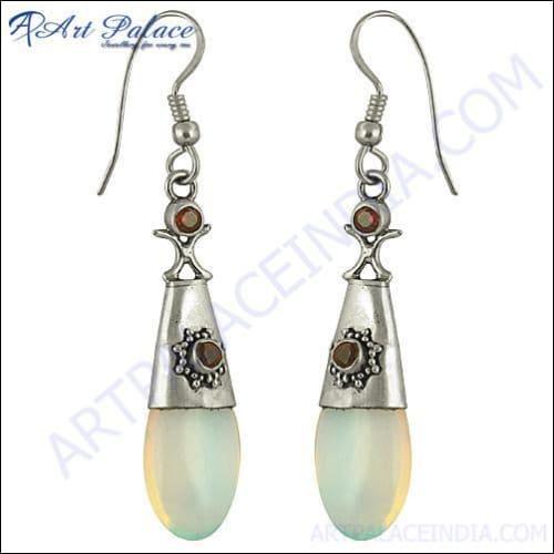 Stunning garnet and synthetic opal drop silver earrings showcasing vibrant colors and elegant design.
