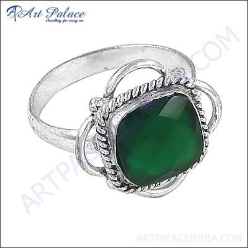 Stunning Green Quartz Gemstone Ring in German Silver, showcasing a vibrant green quartz stone set in a beautifully crafted silver band.