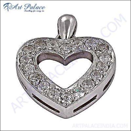 A stunning heart-shaped silver pendant adorned with sparkling cubic zirconia gemstones, showcasing elegance and craftsmanship.