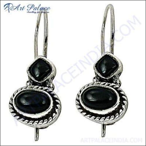 Stunning Indian designer black onyx gemstone silver earrings showcasing intricate craftsmanship and elegant design.